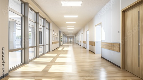 Wallpaper Mural Contemporary high school corridor with light wooden floors and minimalist decor Torontodigital.ca