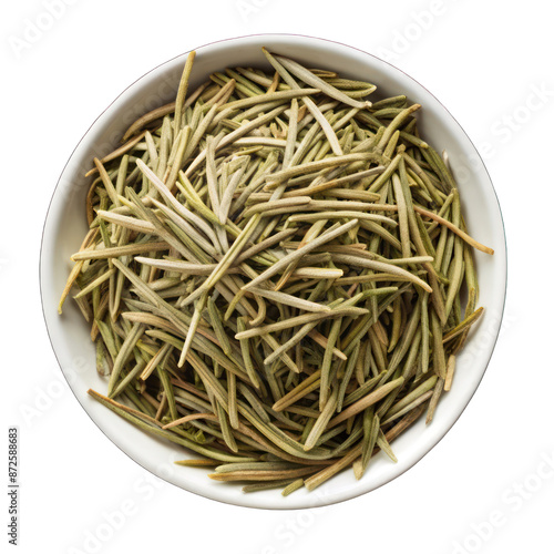 Dried oregano seasoning on white bowl top view isolated on transparent background