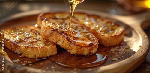 Golden Brown French Toast Drizzled With Honey On A Wooden Plate