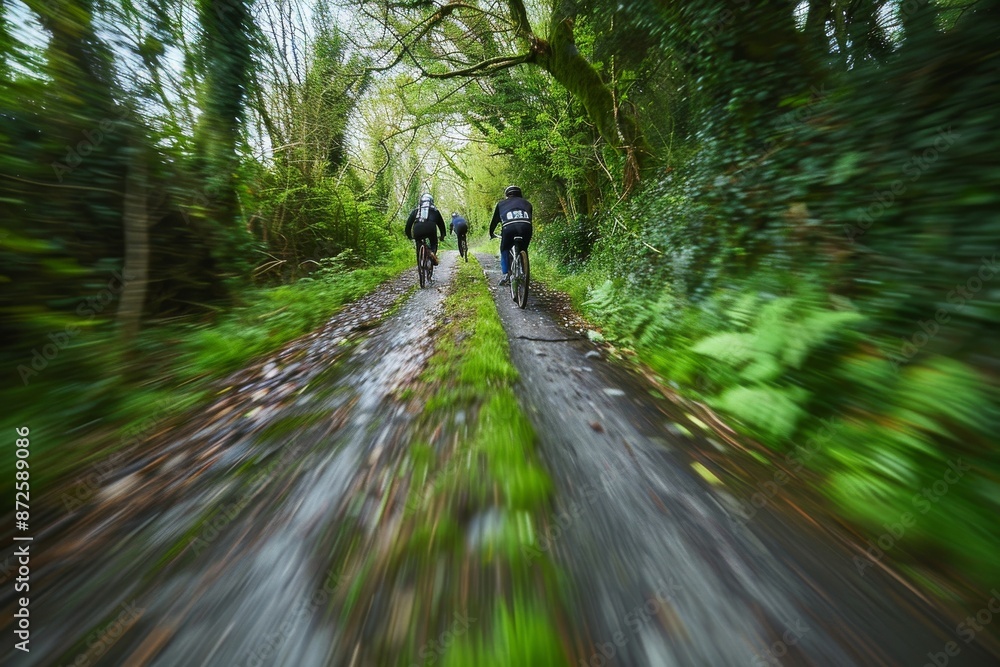 Biking along the Waterford Greenway, capturing cyclists enjoying the scenic trail through forests and coastal areas, using a combination of low-angle and high-angle shots to create dynamic visuals Biking along the Waterford Greenway, capturing cyclists enjoying the scenic trail through forests and coastal areas, using a combination of low-angle and high-angle shots to create dynamic visuals
