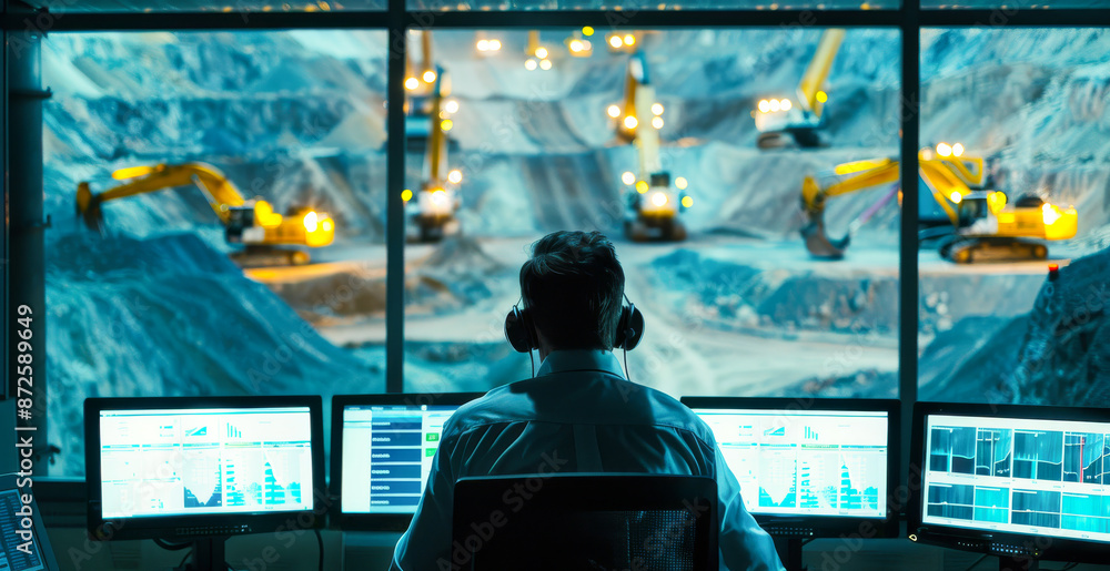 Control Room Overlooking Quarry Operations. A control room with multiple monitors displays real-time data while overlooking active quarry operations with heavy machinery. Control Room Overlooking Quarry Operations. A control room with multiple monitors displays real-time data while overlooking active quarry operations with heavy machinery.