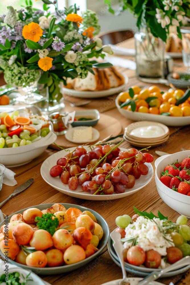 Assorted fresh fruits and vibrant flowers arranged on a wooden dining table for a festive meal, vertical Assorted fresh fruits and vibrant flowers arranged on a wooden dining table for a festive meal, vertical