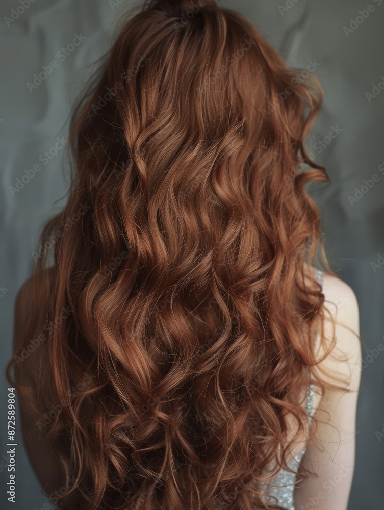 A young woman with long, shiny, brown curly hair is seen from behind. This photo shows the elegance and charm of her hair color and texture. A young woman with long, shiny, brown curly hair is seen from behind. This photo shows the elegance and charm of her hair color and texture.