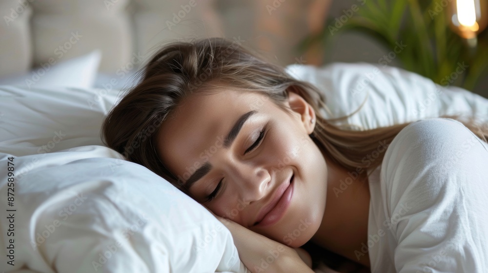 A young woman is sleeping soundly on the bed and smiling gently in a peaceful atmosphere. This image gives a feeling of relaxation and comfort. A young woman is sleeping soundly on the bed and smiling gently in a peaceful atmosphere. This image gives a feeling of relaxation and comfort.