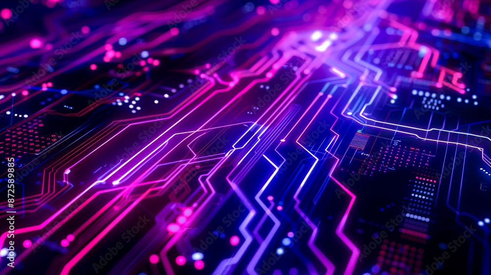 Futuristic Neon Circuit Board Design. Abstract futuristic circuit board design with neon pink and purple glowing lines, representing advanced technology and digital connectivity. Futuristic Neon Circuit Board Design. Abstract futuristic circuit board design with neon pink and purple glowing lines, representing advanced technology and digital connectivity.