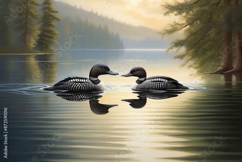 Wildlife Background. Graceful common loons gliding on a tranquil lake with reflections in water, trees, and sky. Discover the elegance of common loons. photo
