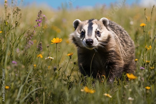 Wildlife Background. Elusive American badger digging in a meadow with wildflowers, tall grass, and sky. Discover the nature of the American badger. photo