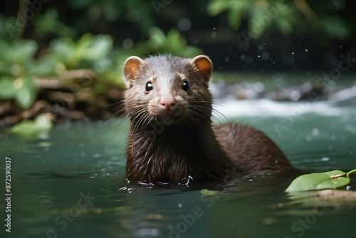 Wildlife Background. Playful American mink swimming in a river with lush green foliage and sparkling water. Experience the joy of American mink. photo