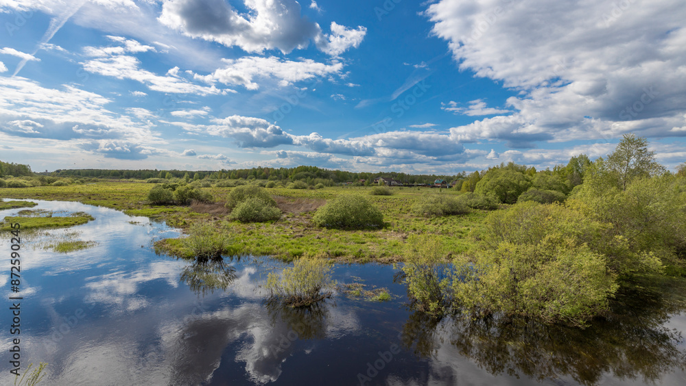 A serene landscape captured on a sunny spring day, showcasing a tranquil river meandering through a lush green valley. The sky above is a canvas of fluffy white clouds A serene landscape captured on a sunny spring day, showcasing a tranquil river meandering through a lush green valley. The sky above is a canvas of fluffy white clouds