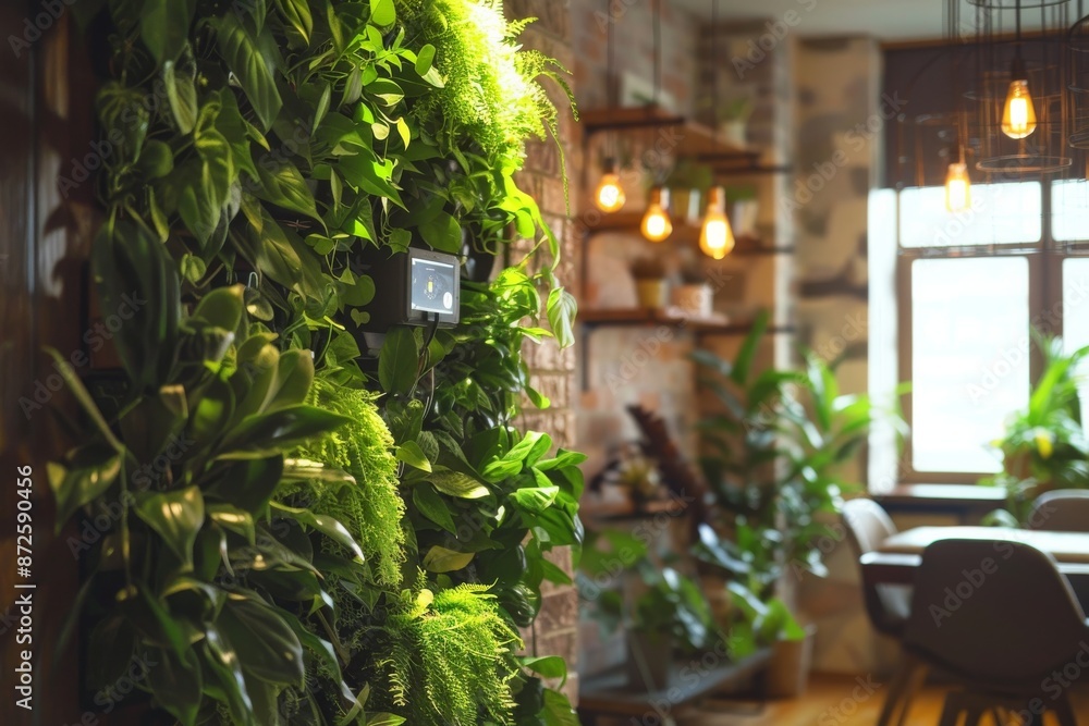 Fototapeta premium AI technology managing a vertical garden in a small home, automated watering and lighting, lush green plants, cozy indoor setting, modern and efficient use of space 