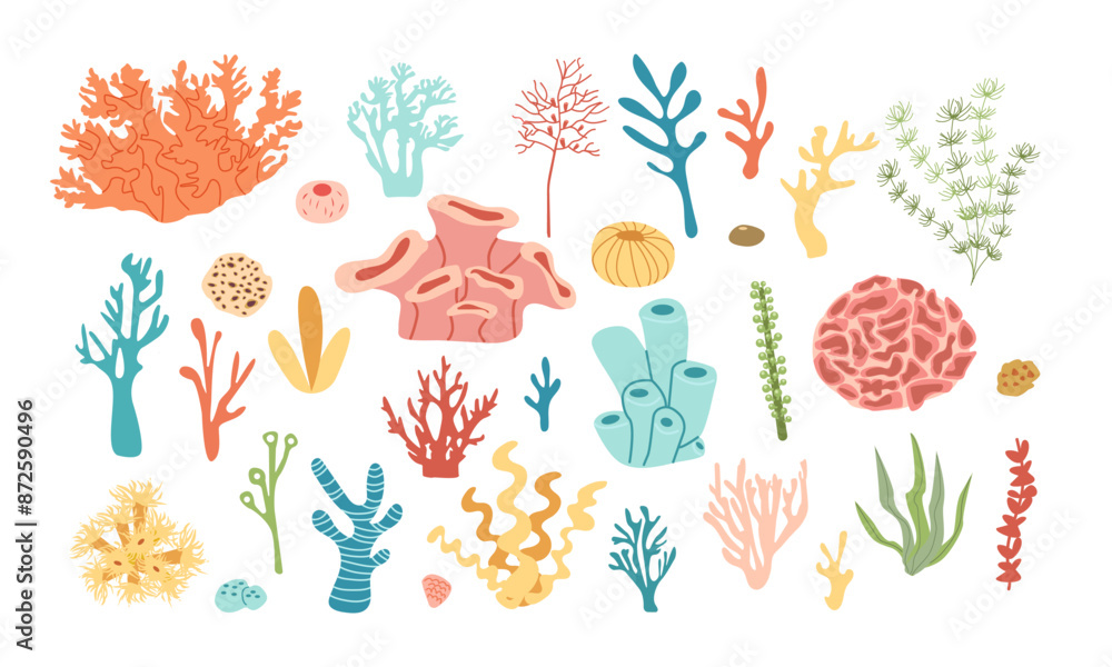Coral set. Ocean plants, underwater flora, seaweed. Aquatic plant, algae, sponges ,tropical seabed elements vector set isolate on white ,cartoon style for your design. Coral set. Ocean plants, underwater flora, seaweed. Aquatic plant, algae, sponges ,tropical seabed elements vector set isolate on white ,cartoon style for your design.