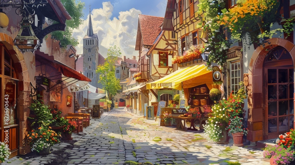 Obraz premium Create an oil painting of a historic European street, with cobblestone pathways, charming cafes, and vibrant market stalls under a sunny sky.