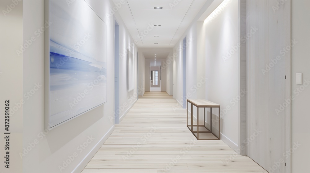 Obraz premium Hallway with white walls, light wooden flooring, and minimalist artwork