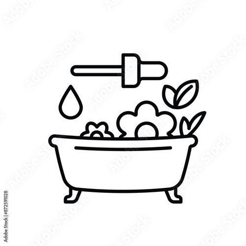 Relaxing tub line icon. Taking bath with essential oil. Beauty oil, flower and herbs for calm and skincare. Home spa concept. Modern minimalist linear illustration. Editable strokes