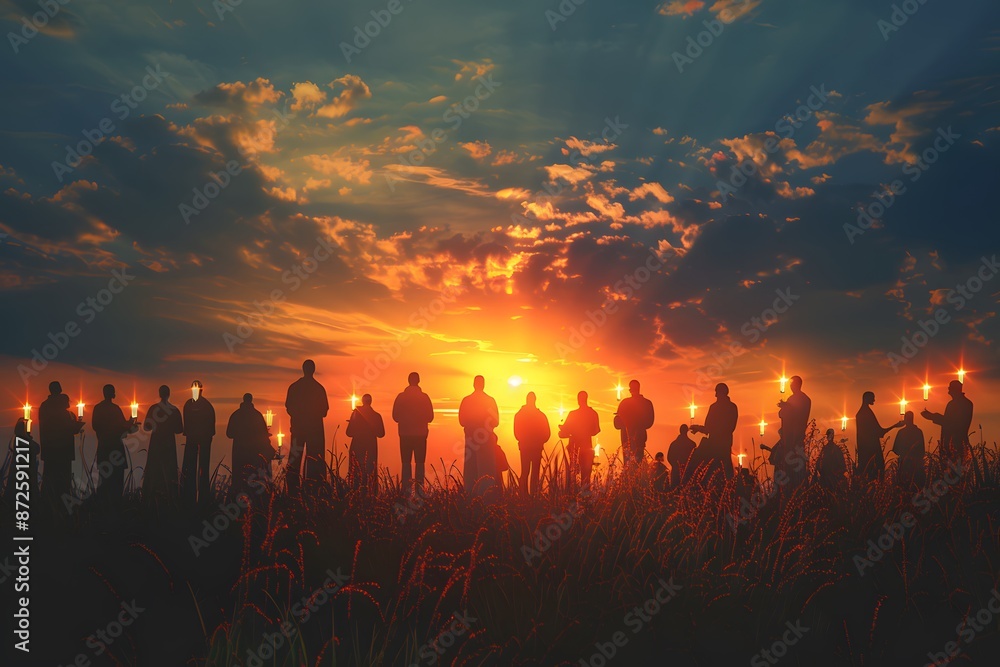 3D render of A sunrise Easter service with people holding candles., Photo stock style, clean background, no copyrighted logo, no letters 3D render of A sunrise Easter service with people holding candles., Photo stock style, clean background, no copyrighted logo, no letters