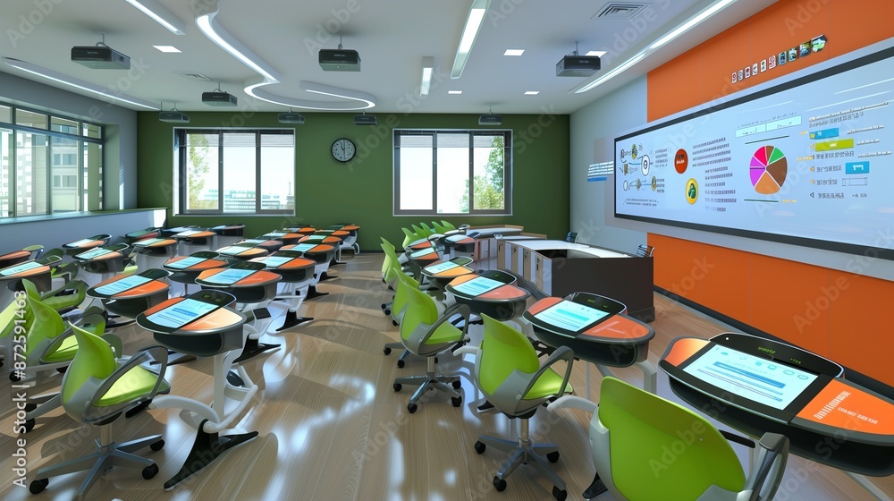 High-tech classroom with digital boards and modular seating ...