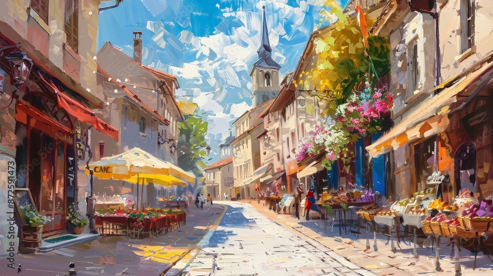 Fototapeta premium Create an oil painting of a historic European street, with cobblestone pathways, charming cafes, and vibrant market stalls under a sunny sky.