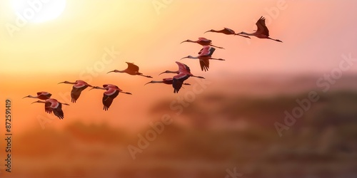 Wallpaper Mural Ibises on Migration Flying over the Savannah with Acacia Trees. Concept Wildlife Photography, Migratory Birds, Nature Landscapes, African Savanna, Acacia Tree Scenery Torontodigital.ca