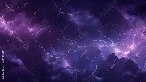 Natural electric lightning in dark sky at night, panorama of thunderbolt light during storm. Theme of thunder, bolt, thunderstorm, charge, background.