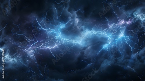 Natural electric lightning in dark sky at night, panorama of thunderbolt light during storm. Theme of thunder, bolt, thunderstorm, charge, background.