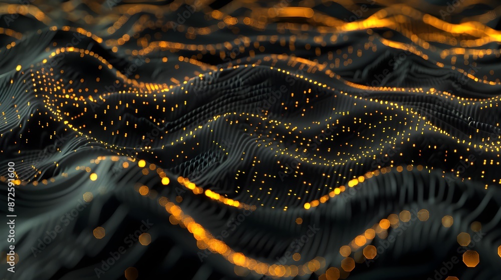 Panoramic black digital data background, futuristic wavy surface with lights and gold dots in abstract network space. Concept of future, ai technology, cyber tech Panoramic black digital data background, futuristic wavy surface with lights and gold dots in abstract network space. Concept of future, ai technology, cyber tech