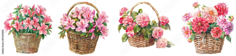 Illustrations of baskets filled with pink and white flowers, perfect for floral-themed designs, decorations, and creative projects. transparent background Illustrations of baskets filled with pink and white flowers, perfect for floral-themed designs, decorations, and creative projects. transparent background