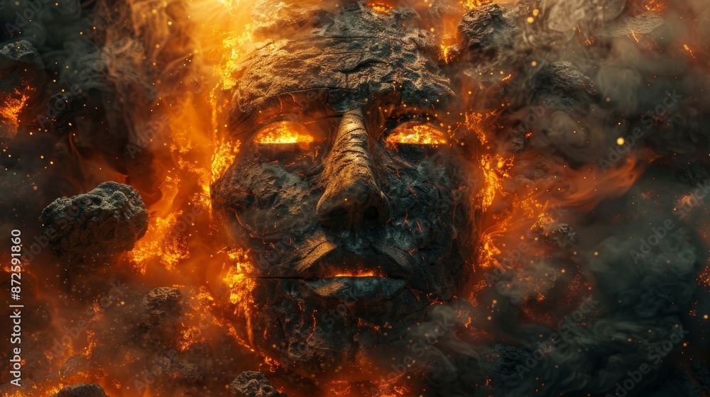 A deity's stone head emerging from volcanic flames, worshipped by cultists, representing rebirth through fire, with intense glow A deity's stone head emerging from volcanic flames, worshipped by cultists, representing rebirth through fire, with intense glow