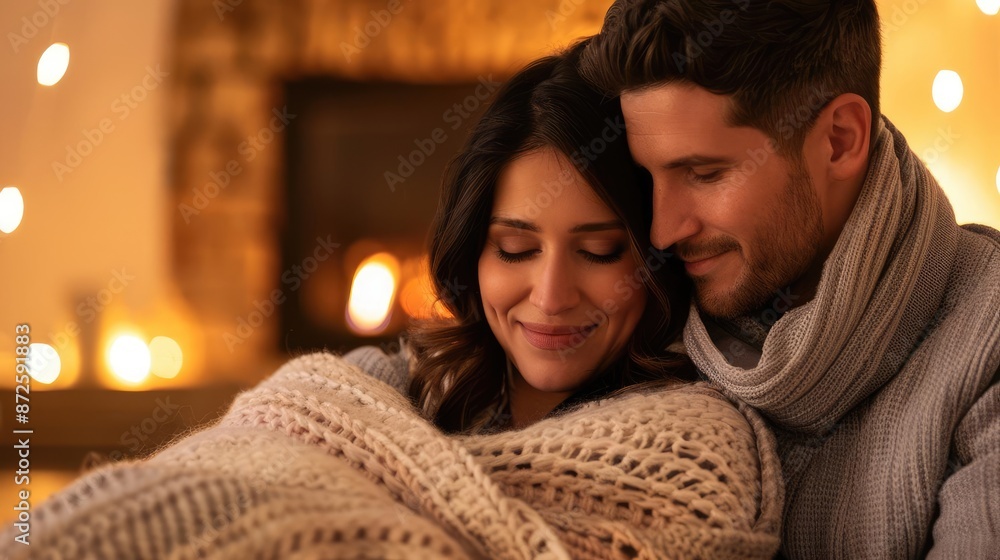 Intimate autumn setting with a couple snuggled under a blanket by the fireplace, warm light, and the tranquility of a cozy night Intimate autumn setting with a couple snuggled under a blanket by the fireplace, warm light, and the tranquility of a cozy night
