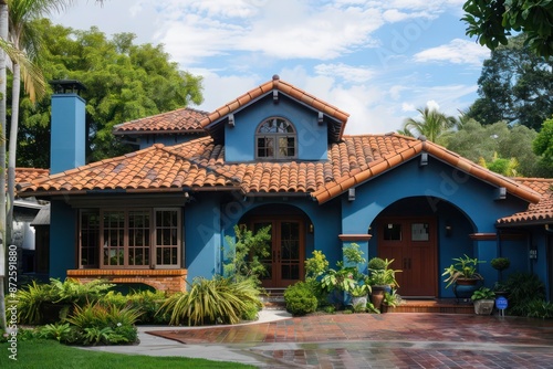 Charming blue rambler home with a stylish tile roof design.