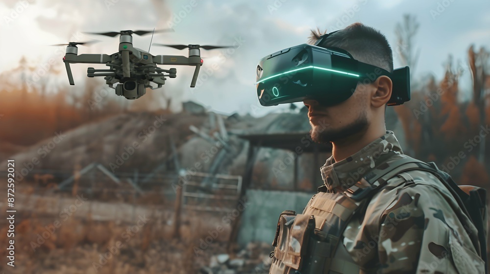 Fototapeta premium Soldier uses modern drone for surveillance, man wearing cyber VR glasses during war or training. Theme of army, military intelligence, control, technology