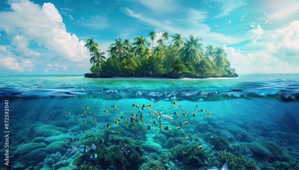 Fototapeta premium Tropical island paradise with lush palm trees, blue sky, and vibrant coral reef teeming with fish. Concept of travel, vacation, nature, and marine life.