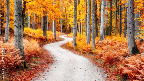 Pathway through a forest with colorful autumn trees, golden leaves, and scenic landscape, highlighting the charm of fall