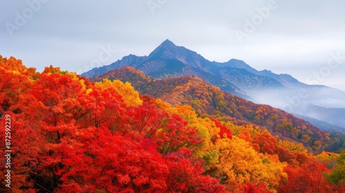 Scenic mountain landscape with vibrant autumn foliage, misty morning light, and serene beauty, emphasizing the grandeur of nature in fall