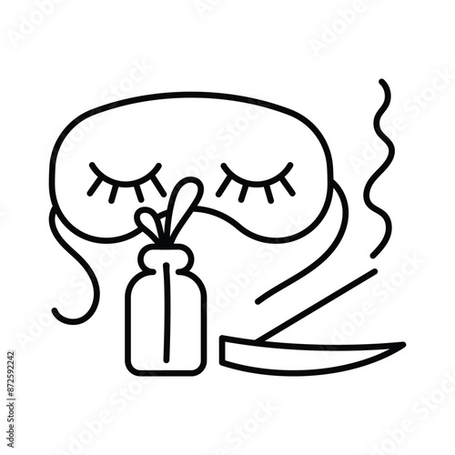 Relaxation line icon. Sleep mask, aroma oil, Incense. Minimalist style pictogram. Editable stroke, line art illustration