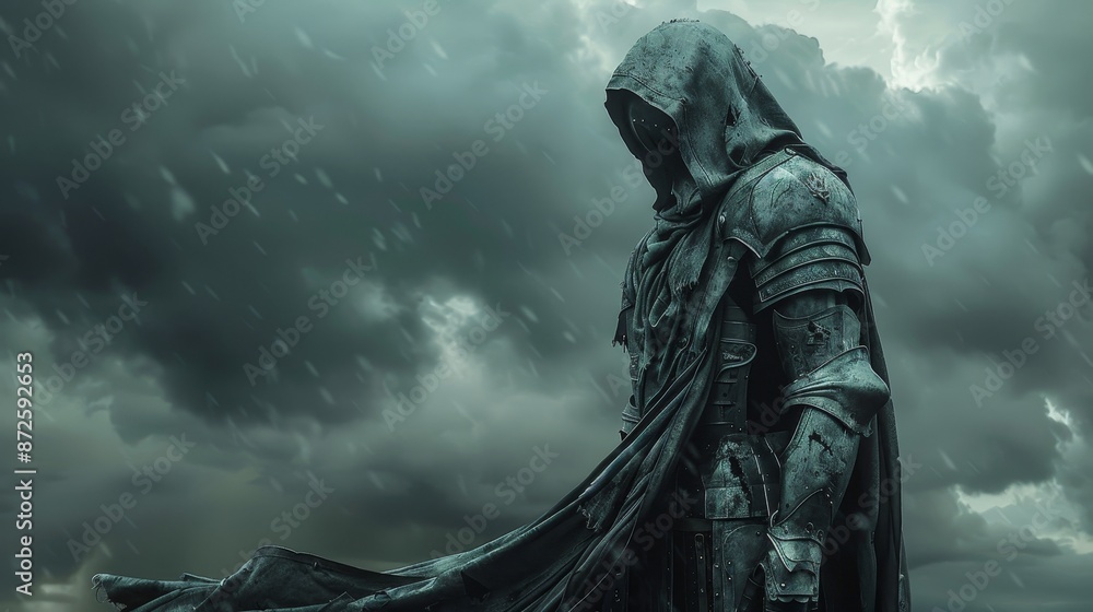 A spectral knight standing guard over a battlefield, head bowed in sorrow, representing the noble sacrifice in the face of death, under a stormy sky A spectral knight standing guard over a battlefield, head bowed in sorrow, representing the noble sacrifice in the face of death, under a stormy sky