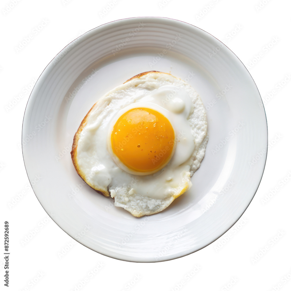 Fried egg with runny yolk on white plate on transparent background Fried egg with runny yolk on white plate on transparent background