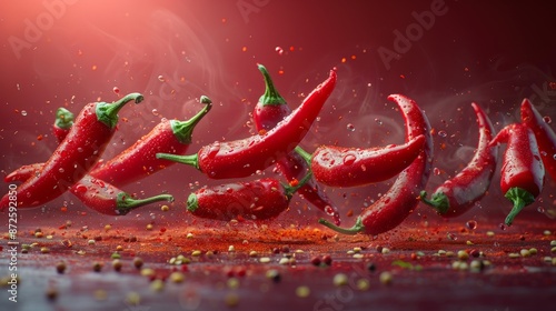 Red chili peppers in movement on a red background.