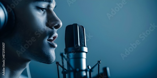Voiceover artist recording in a soundproof studio for a dubbing session. Concept Voiceover Recording, Soundproof Studio, Dubbing Session, Professional Artist, Audio Production