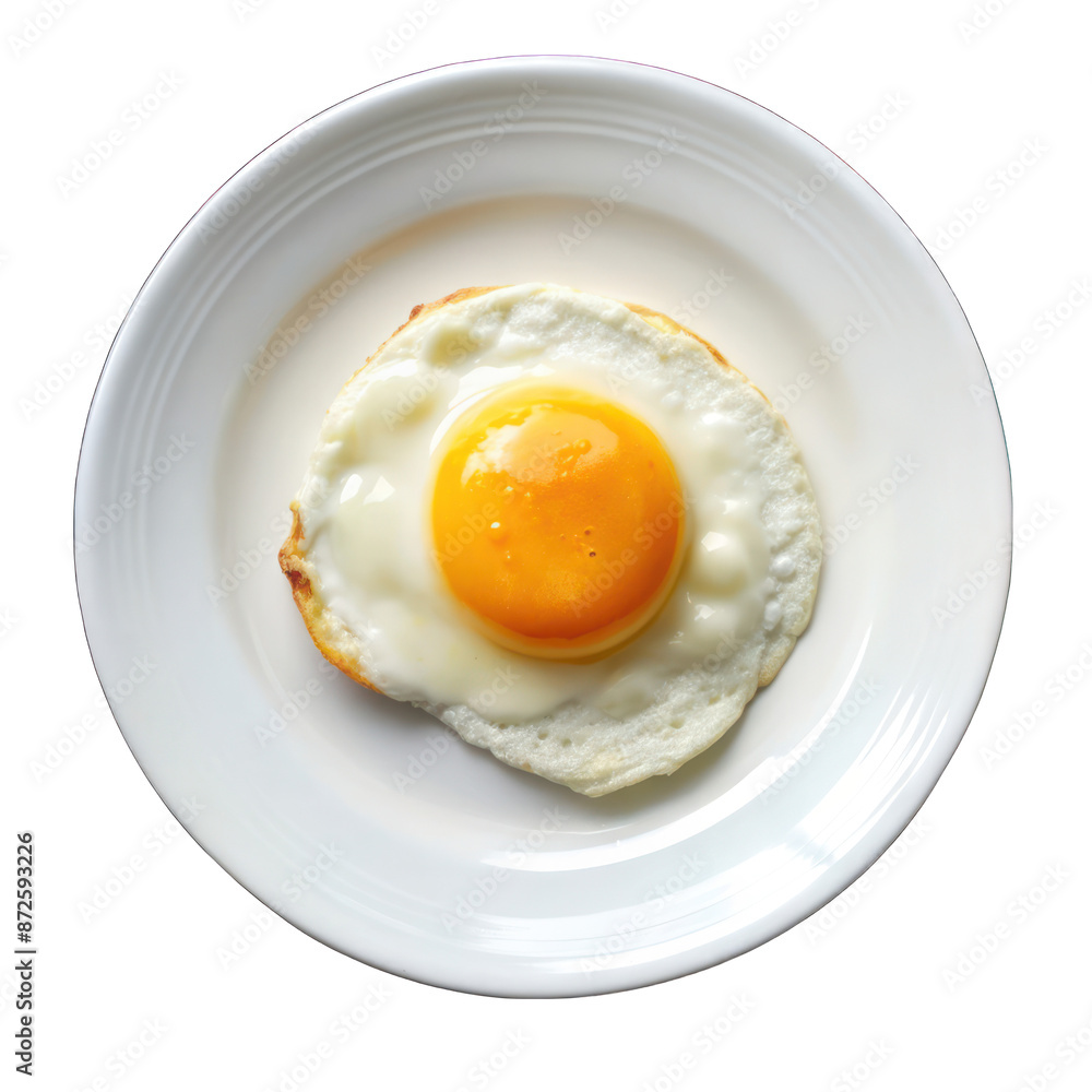 Fried egg with runny yolk on white plate on transparent background Fried egg with runny yolk on white plate on transparent background
