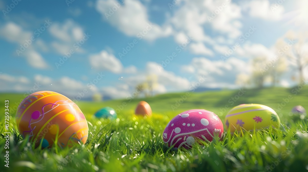 3D render of A festive Easter egg rolling competition on a grassy field., Photo stock style, clean background, no copyrighted logo, no letters 3D render of A festive Easter egg rolling competition on a grassy field., Photo stock style, clean background, no copyrighted logo, no letters