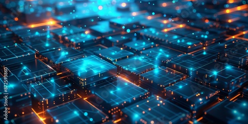 Vibrant blue and orange cyber environment with glowing data blocks and levitating particles, captured in UHD 4K with sharp focus