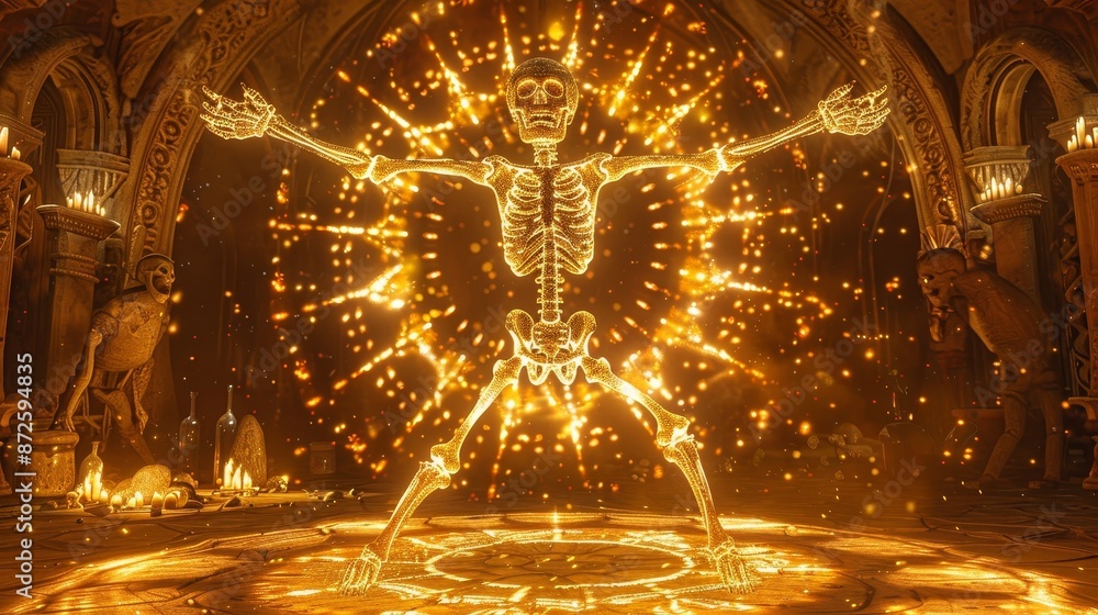 Skeleton dance in a sacred rite, ethereal glow surrounding the bones ...