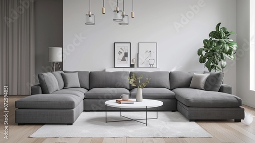 Living room featuring a grey sofa, a minimalist coffee table, and a white rug photo