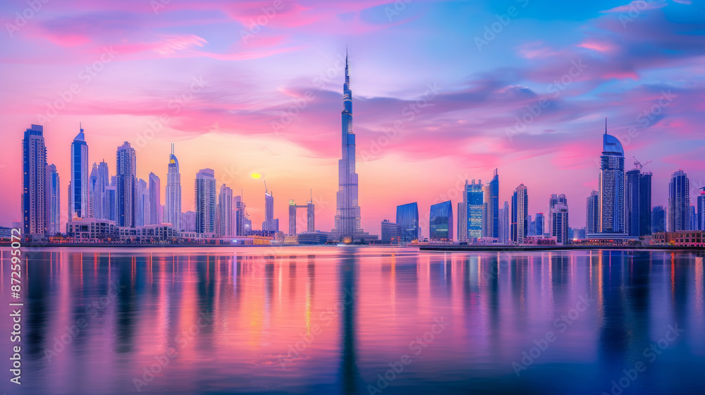 Dubai's stunning skyline at dawn, with its towering skyscrapers and beautiful architecture casting a vibrant glow. Dubai's stunning skyline at dawn, with its towering skyscrapers and beautiful architecture casting a vibrant glow.