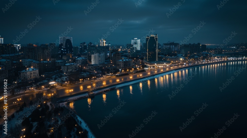 Fototapeta premium Night Cityscape with River Reflections