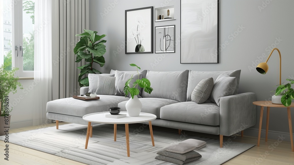 Living room featuring a grey sofa, a minimalist coffee table, and a white rug Living room featuring a grey sofa, a minimalist coffee table, and a white rug