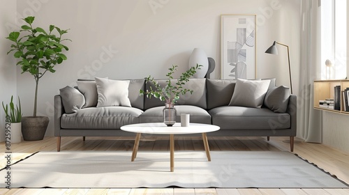 Living room with a grey sofa, a minimalist coffee table, and a white rug photo