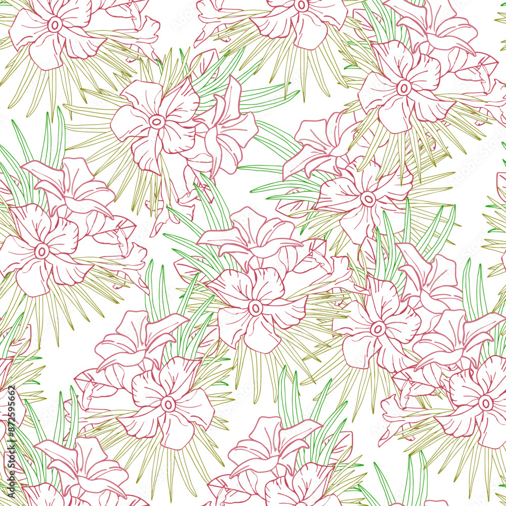 Jasmine flower and palm leaves line art seamless pattern for textile, scrapbook or wallpaper. Delicate tropical flower, vector background Jasmine flower and palm leaves line art seamless pattern for textile, scrapbook or wallpaper. Delicate tropical flower, vector background