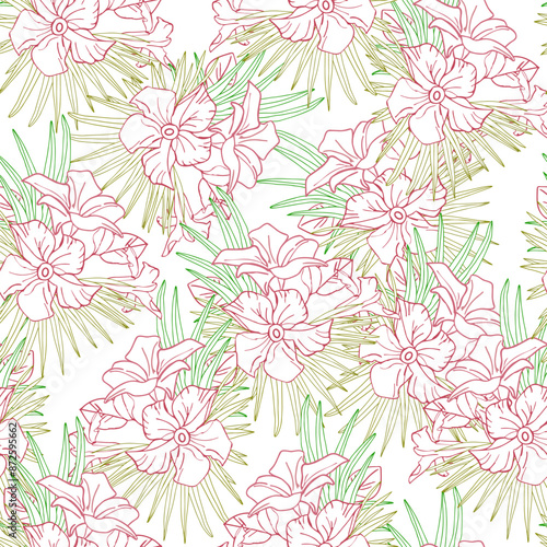 Jasmine flower and palm leaves line art seamless pattern for textile, scrapbook or wallpaper. Delicate tropical flower, vector background