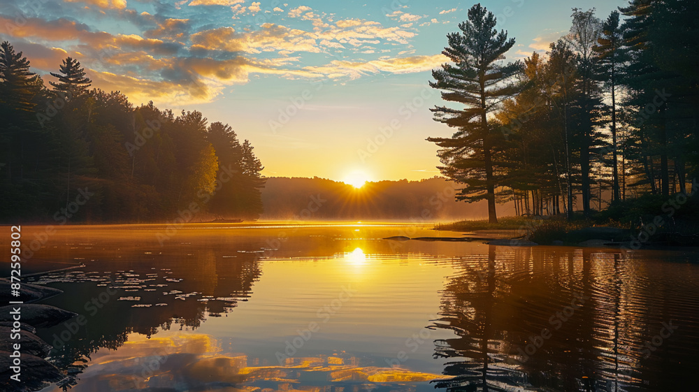Tranquil scene of sunset over forest and pond, AI Generative. Tranquil scene of sunset over forest and pond, AI Generative.